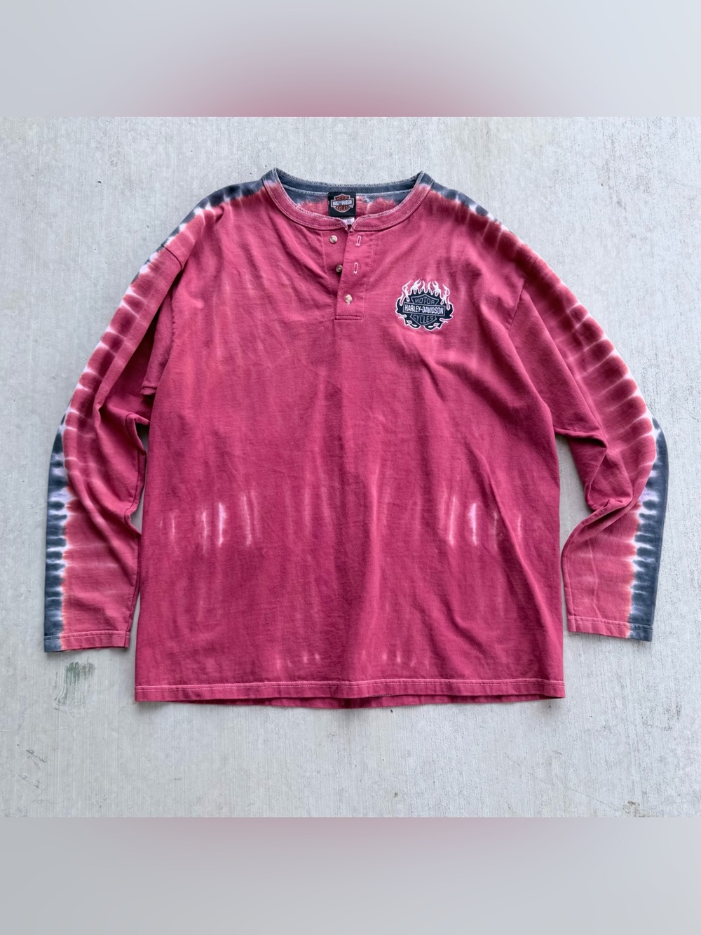 Vintage Harley Davidson Long Sleeve Henley Shirt Tie Dye 90s Made In USA